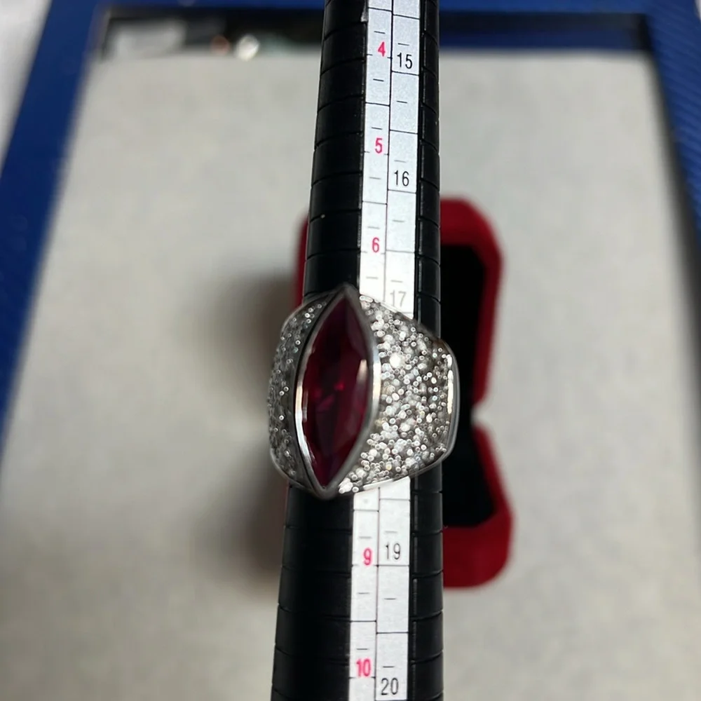 Silver Ring with Dark Pink Stone & Zirconia size 8